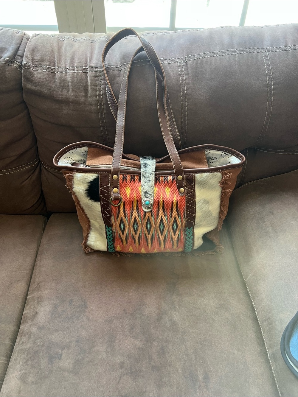Western Patterned Leather & Hair-on Hide Tote in Brown and Multi